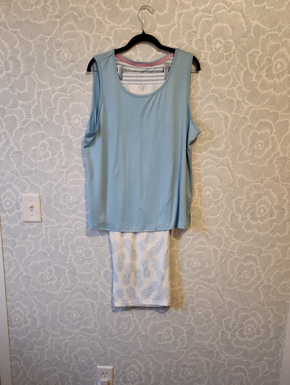 Women’s Light Blue Sleeveless Pajama Top and Printed Sleep Pants, 3 Piece Set